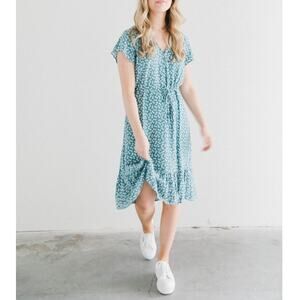 Rails Kiki Lotus Floral Print Dress Flutter Sleeve Midi Blue Green Womens Size M